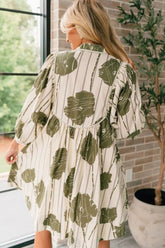 Printed Tie Neck Three-Quarter Sleeve Mini Dress OutfitFlow